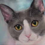 Hand-painted watercolor portrait of Amber, a gray and white kitten