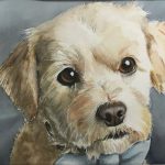 Hand-painted watercolor portrait of Benny, a scruffy terrier mix with soulful eyes