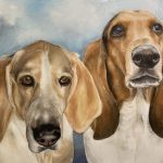 Hand-painted watercolor portrait of Basset Hounds Gus and June together
