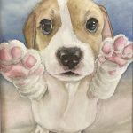Hand-painted watercolor portrait of Jelly Bean, a Beagle with both front paws raised