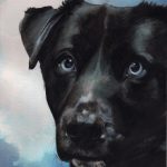 Watercolor portrait of Kilo, a black Pit Bull mix with blue eyes