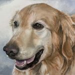 Hand-painted watercolor portrait of Marley, a smiling Golden Retriever