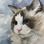 Hand-painted watercolor portrait of Patches, a colorful pet cat