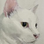 Custom watercolor portrait of Pearl, an elegant white cat