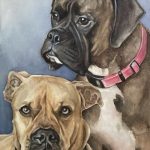 Hand-painted watercolor portrait of Boxers Quincey and Beckett together