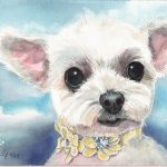 Watercolor pet portrait of Sasha, a small white dog wearing a flower collar