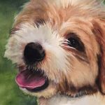 Custom watercolor portrait of Scruffy, a shaggy mixed-breed dog