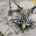 Hand-painted watercolor portrait of Sinatra, a long-haired cat